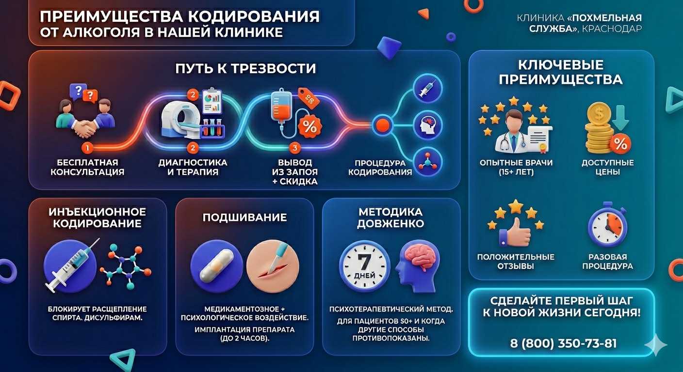 Инфографика о методах кодирования от алкоголя в Конаково: инъекции, подшивание, метод Довженко. Преимущества клиники и этапы лечения.