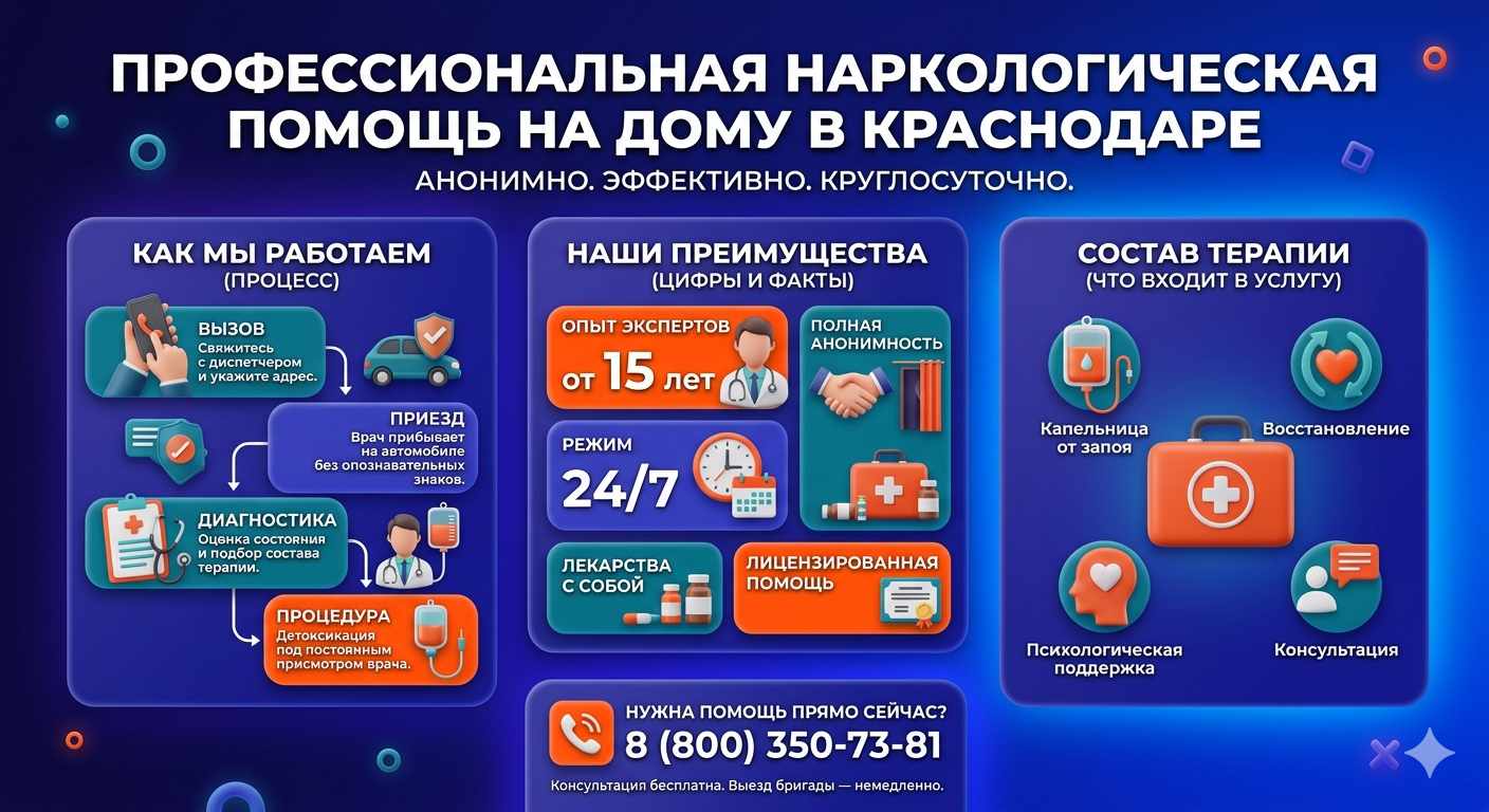 Инфографика о принципах лечения алкоголизма на дому в Конаково: этапы вызова нарколога, преимущества анонимной детоксикации и состав медицинской помощи.